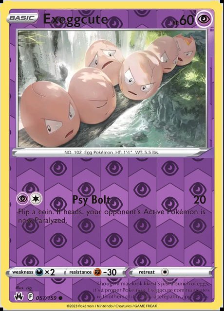Exeggcute 057/159, Crown Zenith, Reverse Holo finish, representative matte composite
