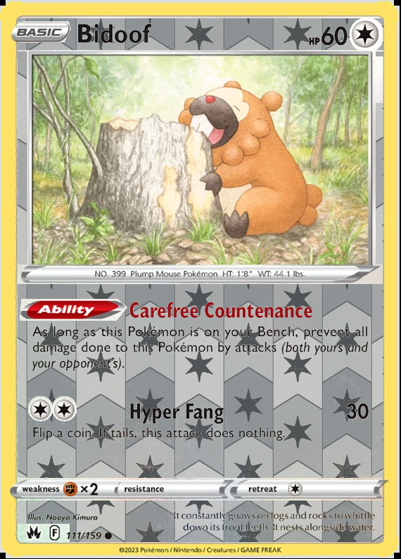 Bidoof 111/159, Crown Zenith, Reverse Holo finish, representative matte composite