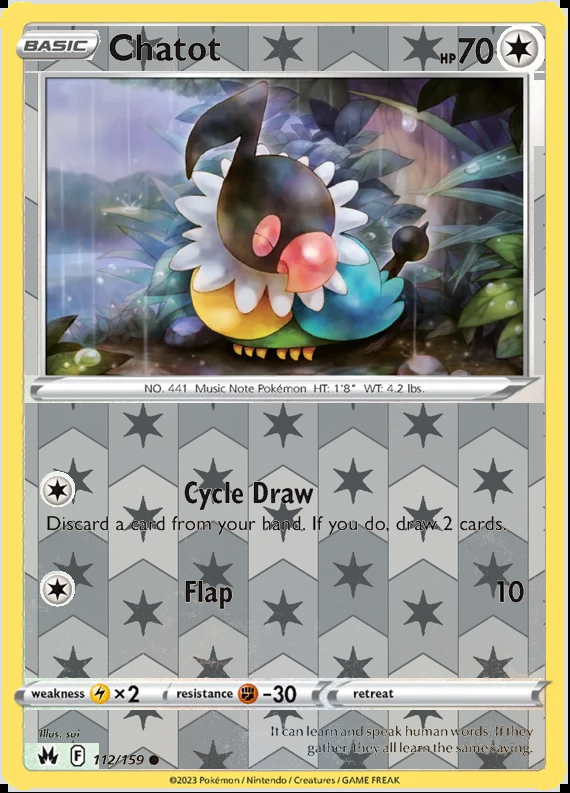 Chatot 112/159, Crown Zenith, Reverse Holo finish, representative matte composite