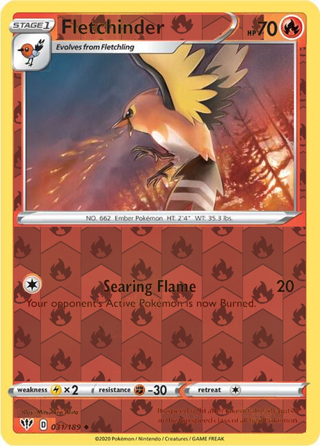 Fletchinder 031/189, Darkness Ablaze, Reverse Holo finish, representative matte composite