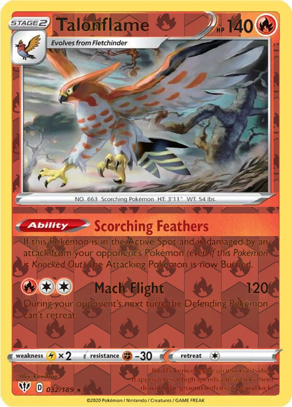 Talonflame 032/189, Darkness Ablaze, Reverse Holo finish, representative matte composite