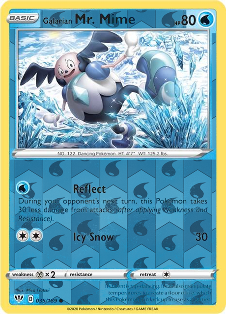 Galarian Mr. Mime 035/189, Darkness Ablaze, Reverse Holo finish, representative matte composite