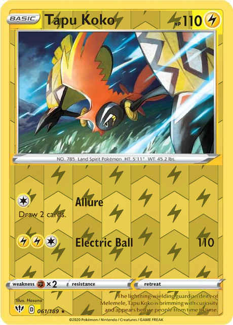Tapu Koko 061/189, Darkness Ablaze, Reverse Holo finish, representative matte composite