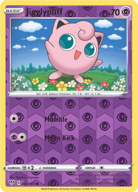 Jigglypuff 067/189, Darkness Ablaze, Reverse Holo finish, representative matte composite