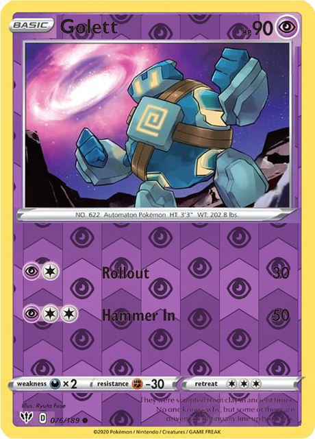 Golett 076/189, Darkness Ablaze, Reverse Holo finish, representative matte composite
