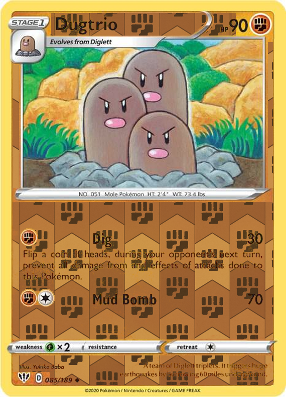 Dugtrio 085/189, Darkness Ablaze, Reverse Holo finish, representative matte composite