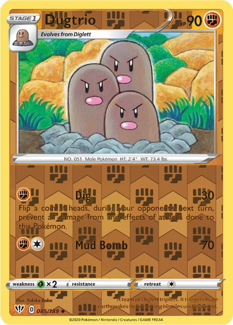 Dugtrio 085/189, Darkness Ablaze, Reverse Holo finish, representative matte composite