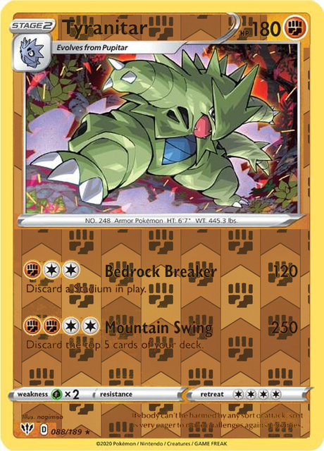 Tyranitar 088/189, Darkness Ablaze, Reverse Holo finish, representative matte composite