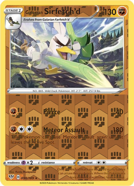 Galarian Sirfetch'd 098/189, Darkness Ablaze, Reverse Holo finish, representative matte composite