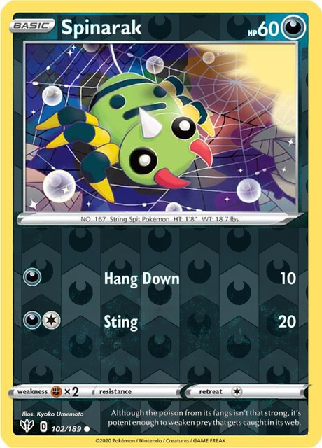 Spinarak 102/189, Darkness Ablaze, Reverse Holo finish, representative matte composite