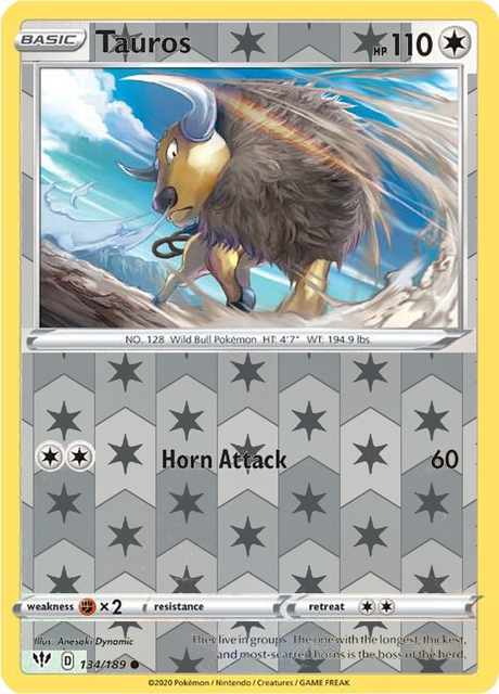 Tauros 134/189, Darkness Ablaze, Reverse Holo finish, representative matte composite