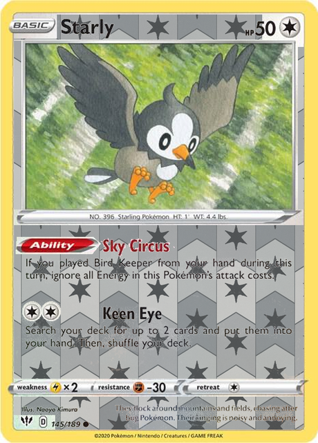 Starly 145/189, Darkness Ablaze, Reverse Holo finish, representative matte composite