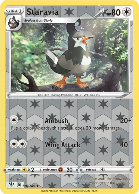 Staravia 146/189, Darkness Ablaze, Reverse Holo finish, representative matte composite