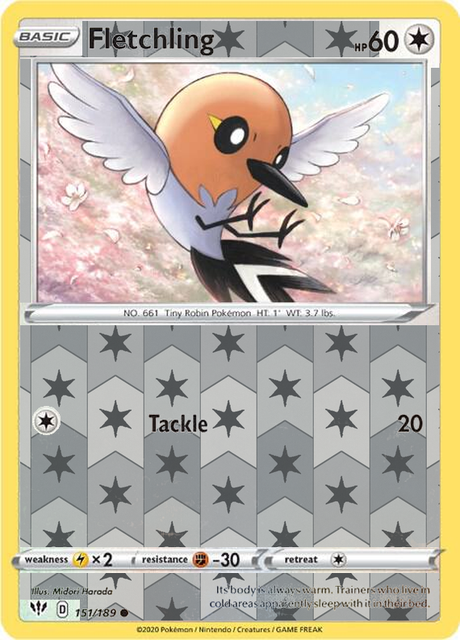 Fletchling 151/189, Darkness Ablaze, Reverse Holo finish, representative matte composite