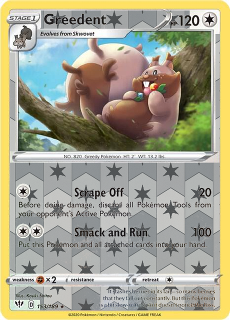 Greedent 153/189, Darkness Ablaze, Reverse Holo finish, representative matte composite