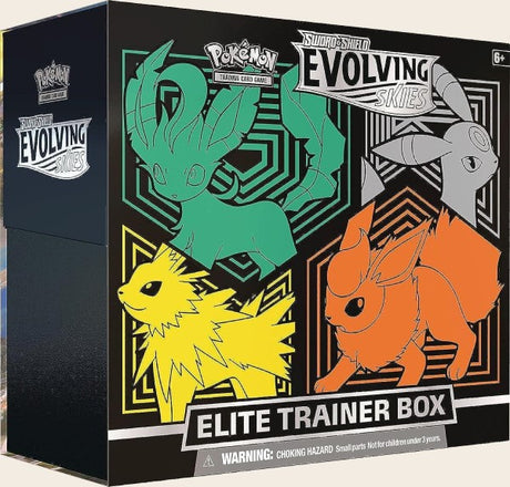 Pokémon Evolving Skies Elite Trainer Box featuring Leafeon, Umbreon, Jolteon, Flareon

