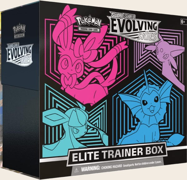 Pokémon Evolving Skies Elite Trainer Box featuring  Sylveon, Espeon, Glaceon, Vaporeon