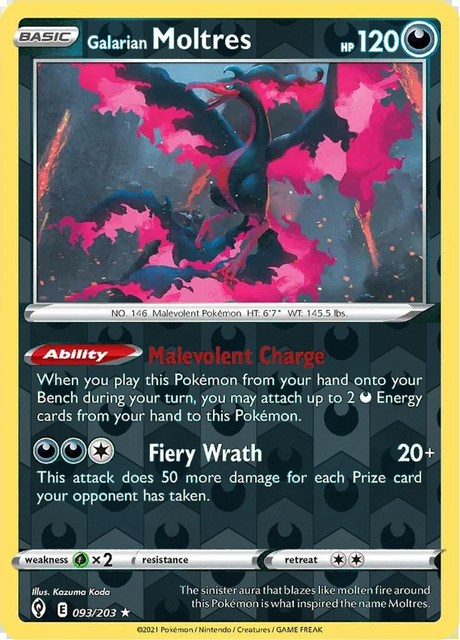 Galarian Moltres 093/203, Evolving Skies, Reverse Holo finish, representative matte composite; not an authentic reflective foil scan