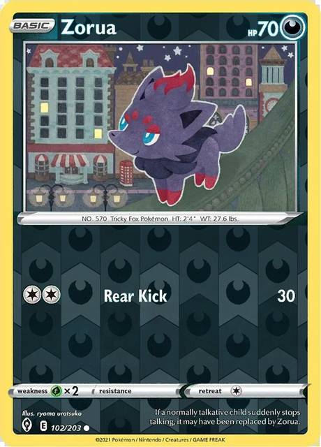 Zorua 102/203, Evolving Skies, Reverse Holo finish, representative matte composite; not an authentic reflective foil scan