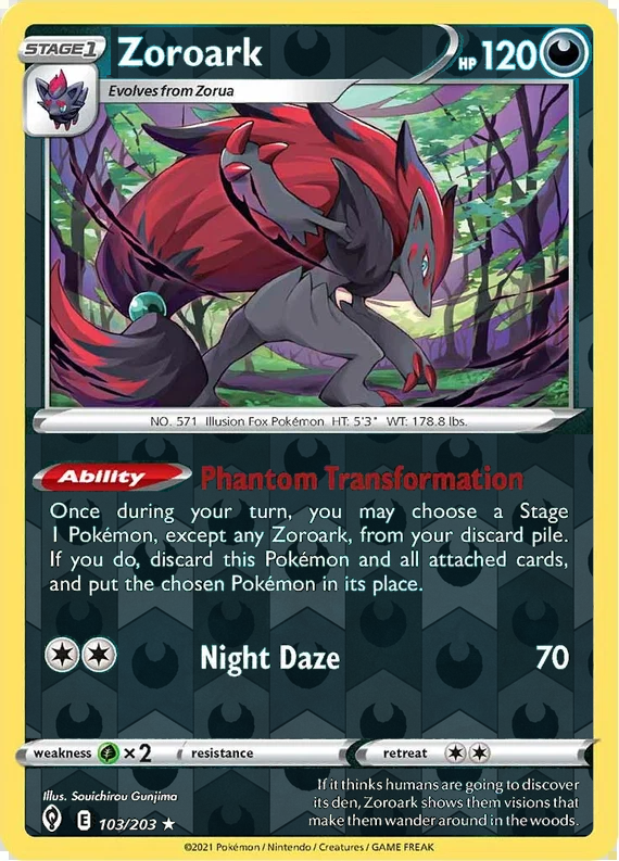 Zoroark 103/203, Evolving Skies, Reverse Holo finish, representative matte composite; not an authentic reflective foil scan