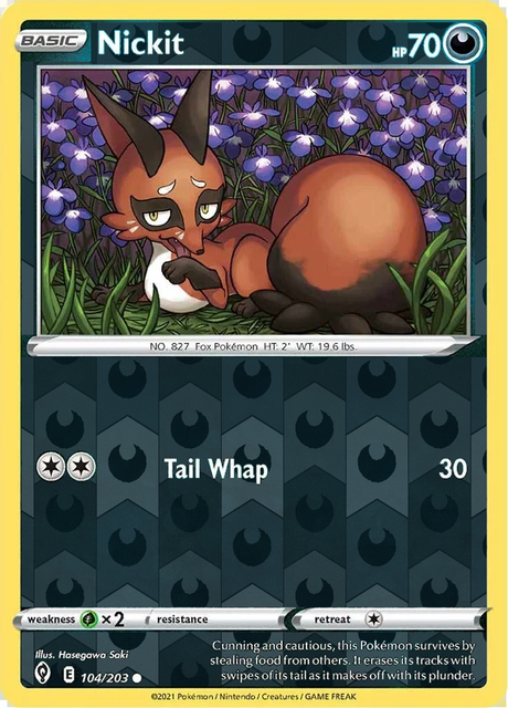 Nickit 104/203, Evolving Skies, Reverse Holo finish, representative matte composite; not an authentic reflective foil scan