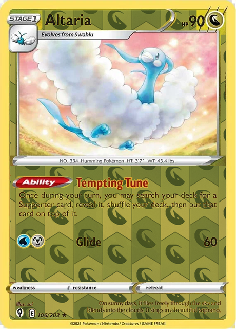 Altaria 106/203, Evolving Skies, Reverse Holo finish, representative matte composite; not an authentic reflective foil scan
