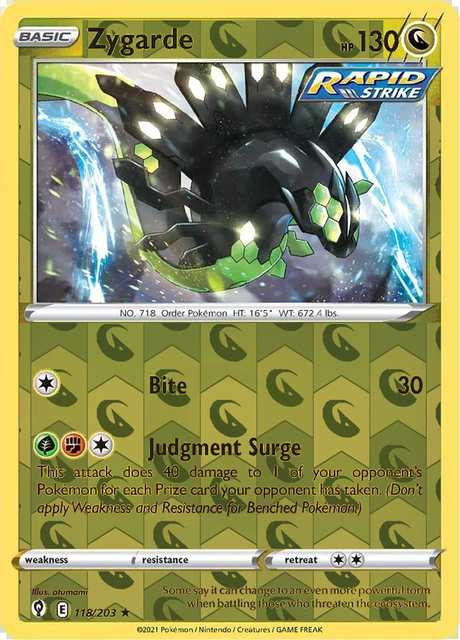 Zygarde 118/203, Evolving Skies, Reverse Holo finish, representative matte composite; not an authentic reflective foil scan