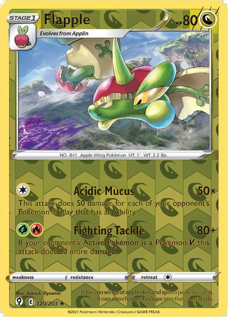 Flapple 120/203, Evolving Skies, Reverse Holo finish, representative matte composite; not an authentic reflective foil scan