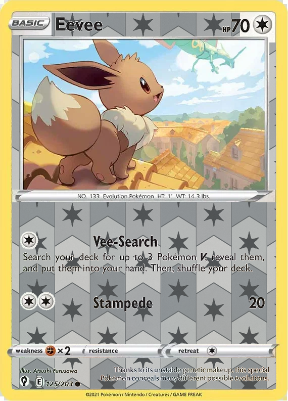 Eevee 125/203, Evolving Skies, Reverse Holo finish, representative matte composite; not an authentic reflective foil scan