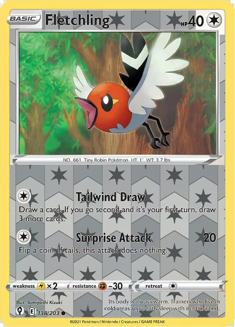 Fletchling 138/203, Evolving Skies, Reverse Holo finish, representative matte composite; not an authentic reflective foil scan
