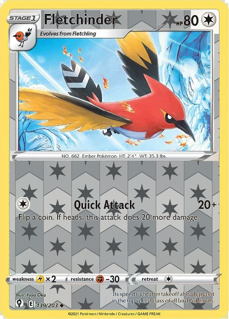 Fletchinder 139/203, Evolving Skies, Reverse Holo finish, representative matte composite; not an authentic reflective foil scan