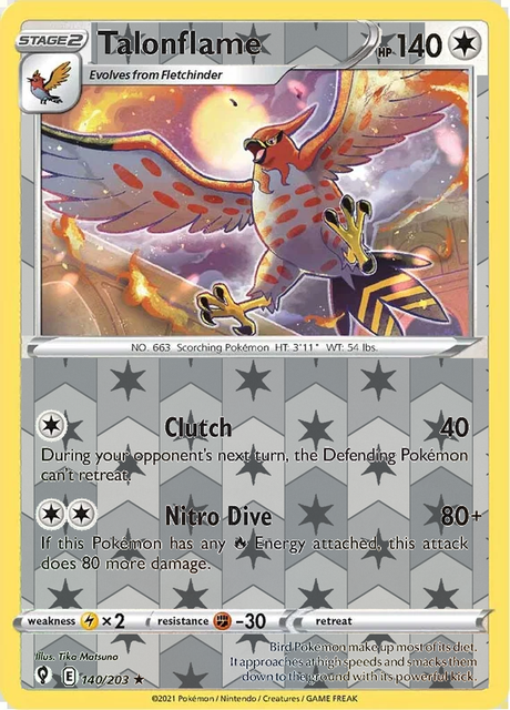 Talonflame 140/203, Evolving Skies, Reverse Holo finish, representative matte composite; not an authentic reflective foil scan