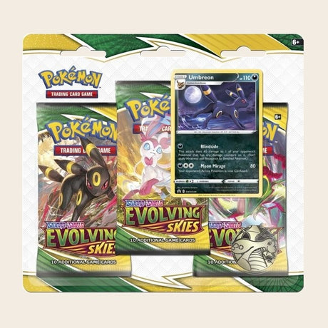 Evolving Skies 3-Pack Blister – sealed Pokémon TCG with Umbreon promo and coin