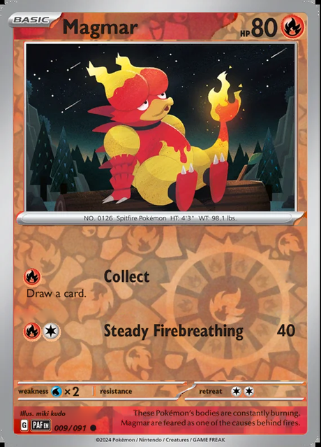 Magmar 009/091, Paldean Fates, Reverse Holo, representative matte composite