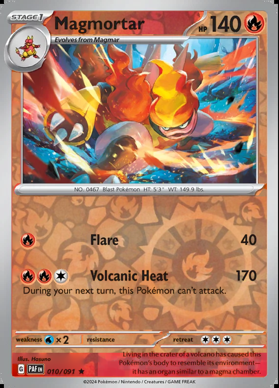 Magmortar 010/091, Paldean Fates, Reverse Holo, representative matte composite