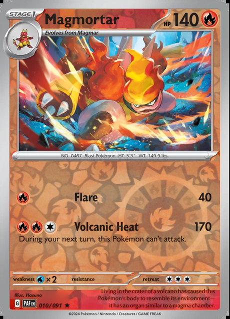 Magmortar 010/091, Paldean Fates, Reverse Holo, representative matte composite