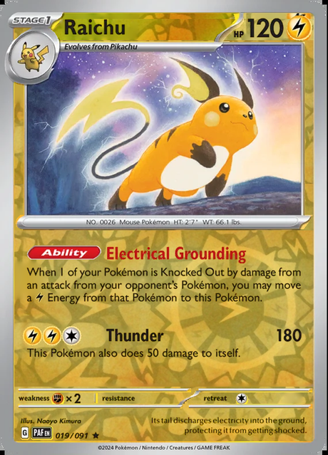 Raichu 019/091, Paldean Fates, Reverse Holo, representative matte composite
