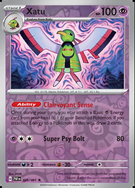 Xatu 026/091, Paldean Fates, Reverse Holo, representative matte composite