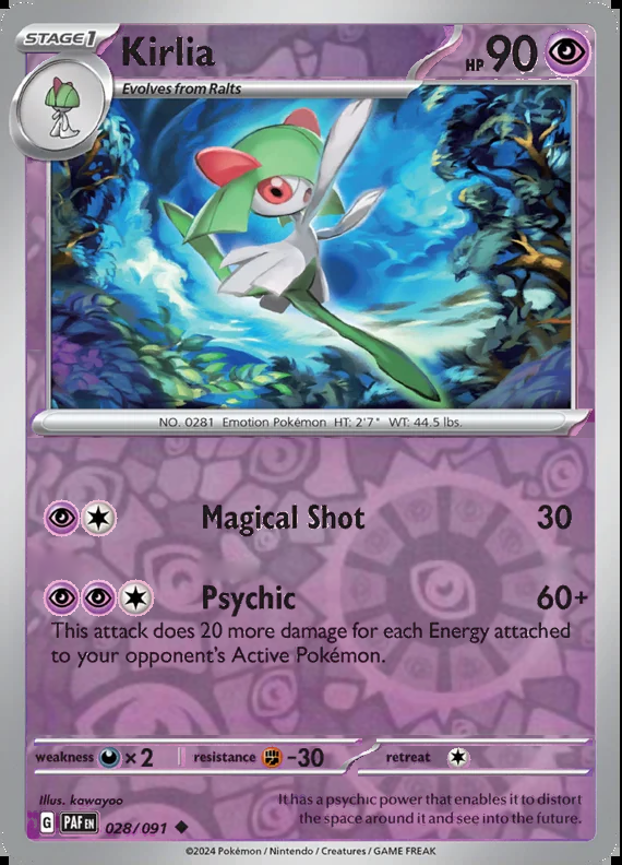 Kirlia 028/091, Paldean Fates, Reverse Holo, representative matte composite