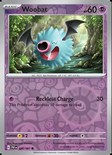 Woobat 032/091, Paldean Fates, Reverse Holo, representative matte composite