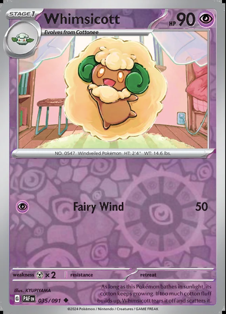 Whimsicott 035/091, Paldean Fates, Reverse Holo, representative matte composite