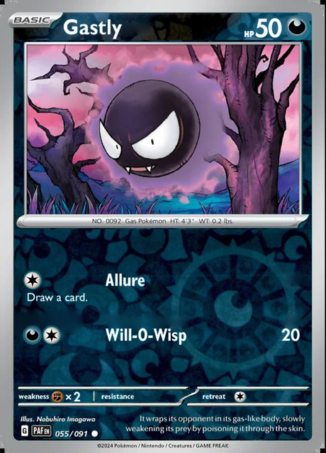 Gastly 055/091, Paldean Fates, Reverse Holo, representative matte composite