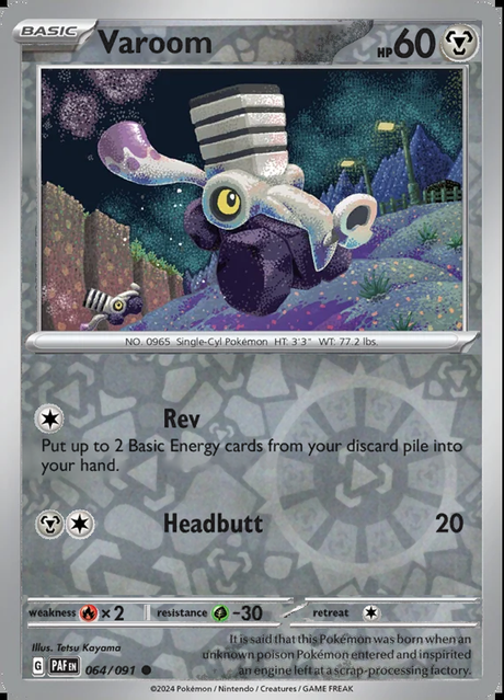 Varoom 064/091, Paldean Fates, Reverse Holo, representative matte composite