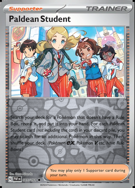 Paldean Student 085/091, Paldean Fates, Reverse Holo, representative matte composite