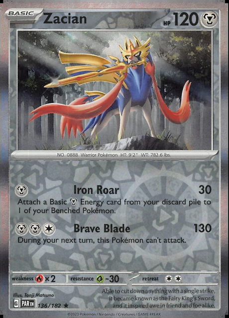 Zacian 136/182, Paradox Rift, Reverse Holo, representative matte composite