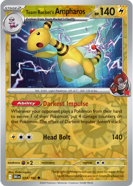 Team Rocket's Ampharos 074/182, Destined Rivals, Reverse Holo, representative matte composite