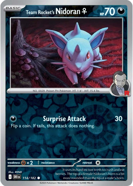 Team Rocket's Nidoran♀ 114/182, Destined Rivals, Reverse Holo, representative matte composite