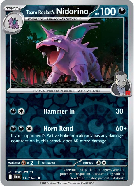 Team Rocket's Nidorino 118/182, Destined Rivals, Reverse Holo, representative matte composite