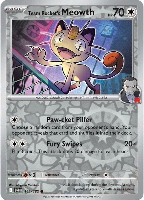 Team Rocket's Meowth 149/182, Destined Rivals, Reverse Holo, representative matte composite
