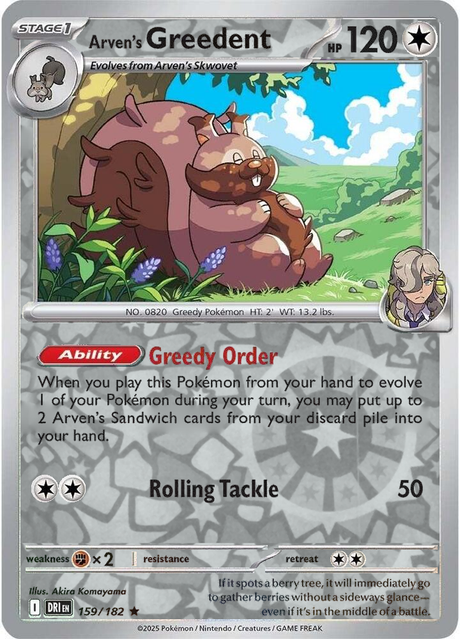 Arven's Greedent 159/182, Destined Rivals, Reverse Holo, representative matte composite